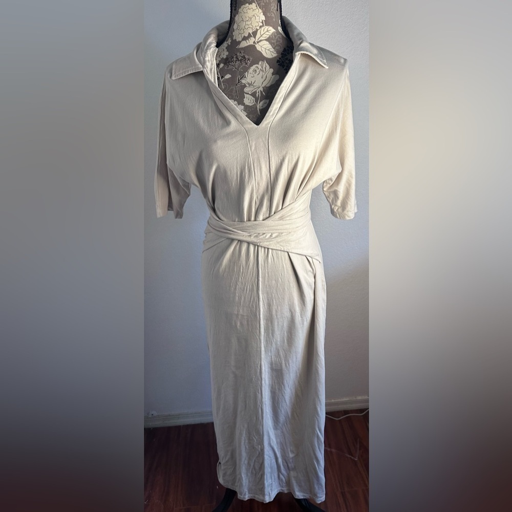 Anthropologie Stateside long sleeve jersey tie collared cream maxi dress- Medium